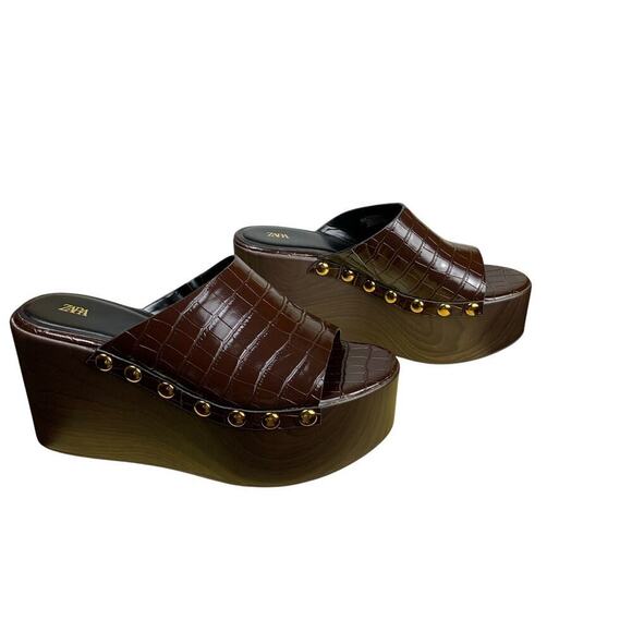 Zara Brown Studded Platform Wedge Sandals Size 39 US 6 Y2k Style - Picture 2 of 9